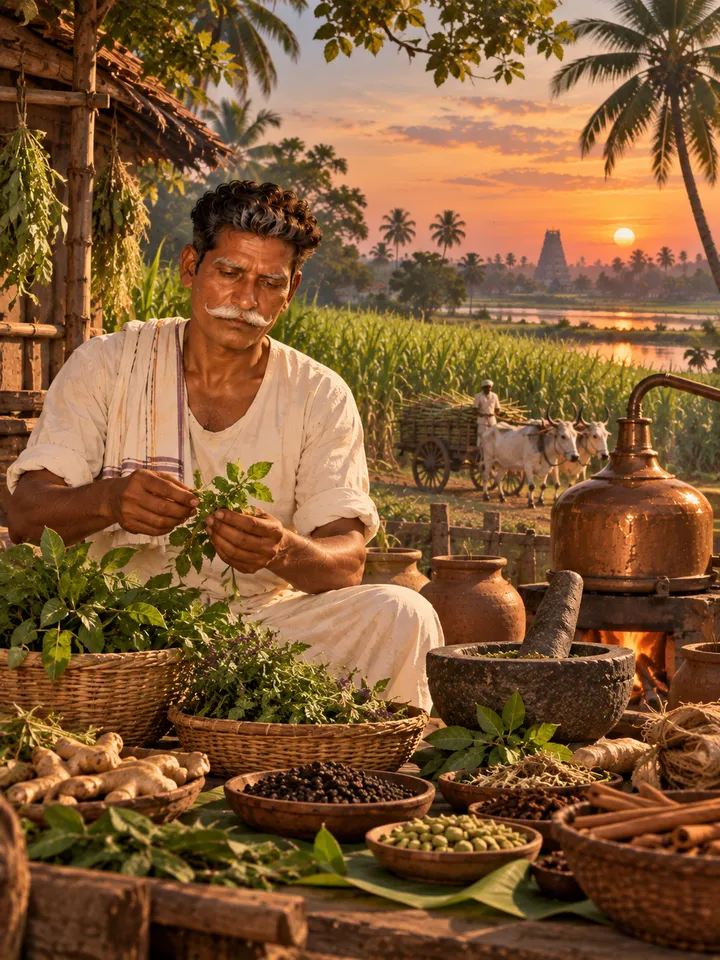 Herbs, spices and a copper still by the Kaveri delta at sunset